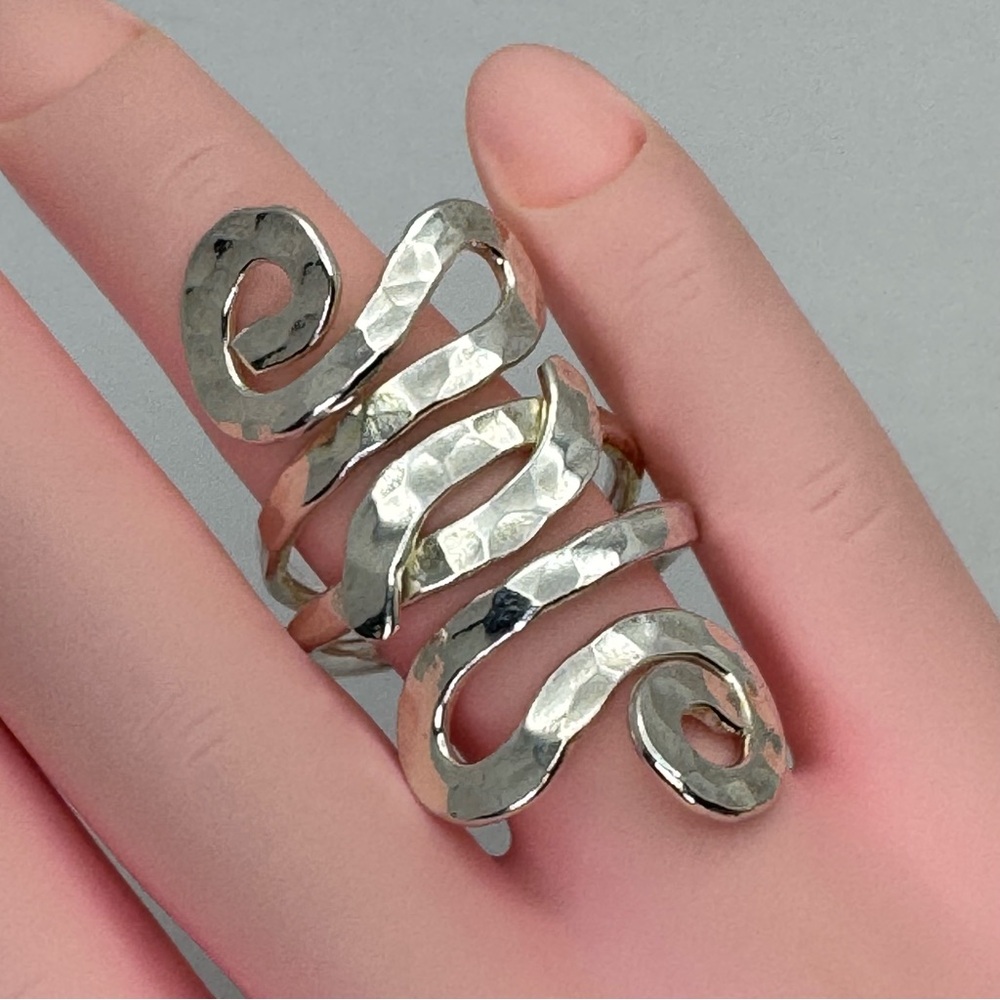 Vintage Mexico Silver Overlay Art Deco Hammered Finish Statement Ring Size 8